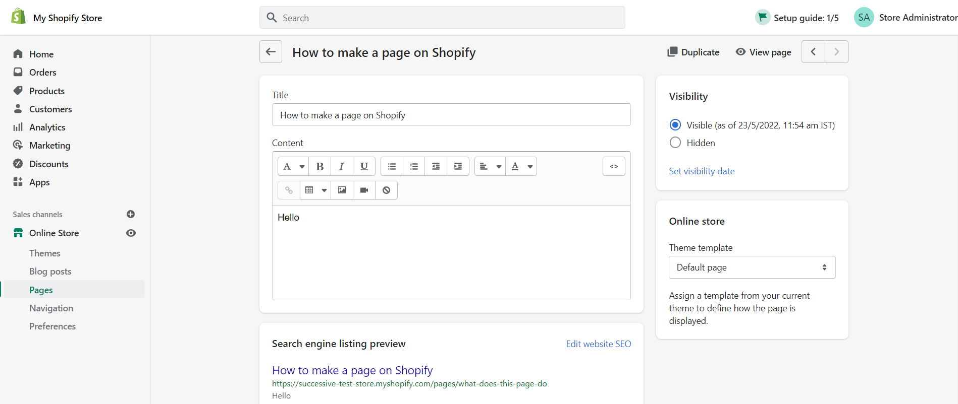 Shopify's ‘Pages’ sub-tab