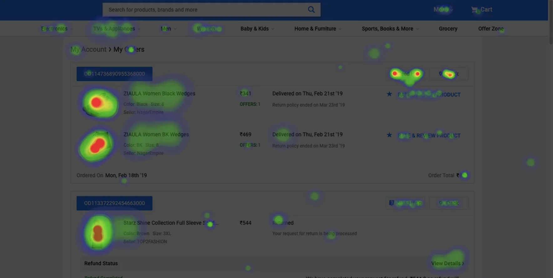 This heatmap of the ‘My Orders’ page on Flipkart shows how users interact with the page.