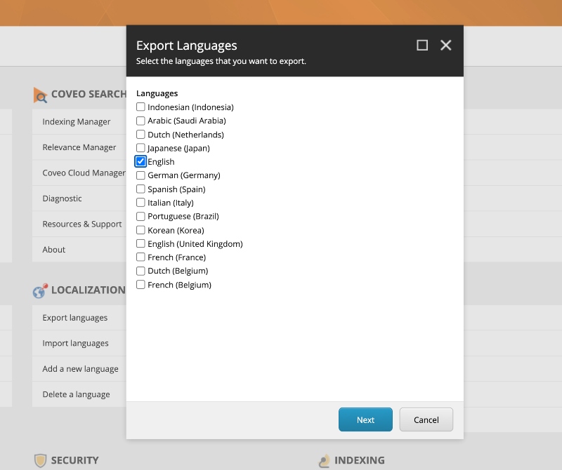 Selecting Sitecore language for export